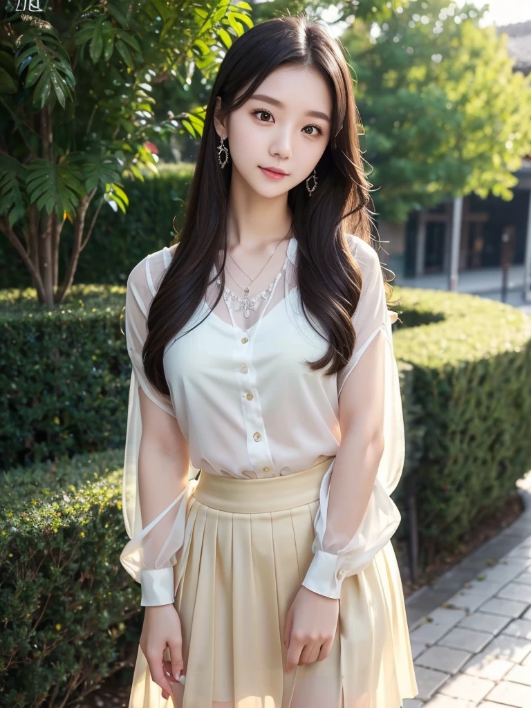Outdoor、Cute Handbags、Sheer skirt 、Sheer blouse、necklace、Earrings、(Highest quality)、((Very detailed))、4K、(8k)、masterpiece、Very detailedな、Highest quality、Super Resolution、1 person、Kind Face、Soft Light、RAW quality、Soft Skin、163cm、28 years old、Thighs