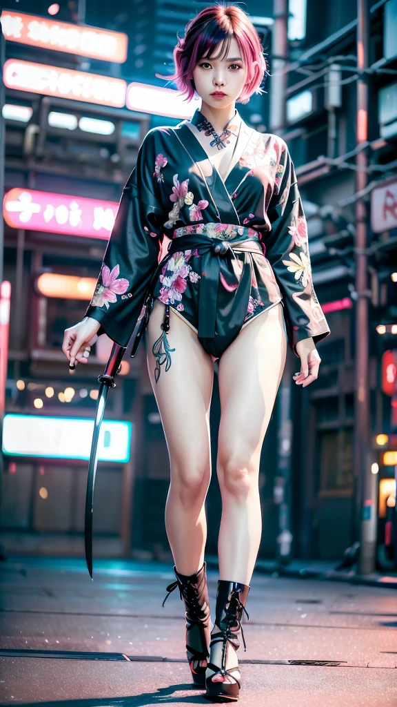 Beautiful Chinese woman, (16 years old), cute face, red lips, white moist skin, moles, (under-eye bags),
BREAK,
Feminine body with high athletic ability, Body of a female fitness model, Feminine body with hard tones, (Muscles: 1.2), (Beautiful belly button),
BREAK,
Fighter, Kung Fu fighter, Idol, (Yakuza), (Yakuza),
BREAK,
(Wearing a cute black kimono: 1.3), (Kimono with a lot of exposure), (Stiletto heels, black long boots 1.3), necklace, very large earrings, short length,
BREAK,
Short hair, (Short bob hair), (Bangs: 1.2), (Pink hair: 1.3), (Wavy hair),
BREAK,
(Very large Japanese sword: 1.4), (Holding the handle of a Japanese sword: 1.3), (Fighting: 1.2), (Getting into a fighting stance), (Beautiful blade of a Japanese sword: 1.2)
BREAK,
(Japanese tattoo: 1.4),
BREAK,
Masterpiece, Perfect lighting, Ultra high resolution, 8K, (Highly detailed: 1.4), (From the front), Looking at the camera, Melancholic expression,
BREAK,
(Tokyo city, lots of people in the background: 1.2), Shibuya city background in Tokyo, Japan, (Neon lights: 1.2)