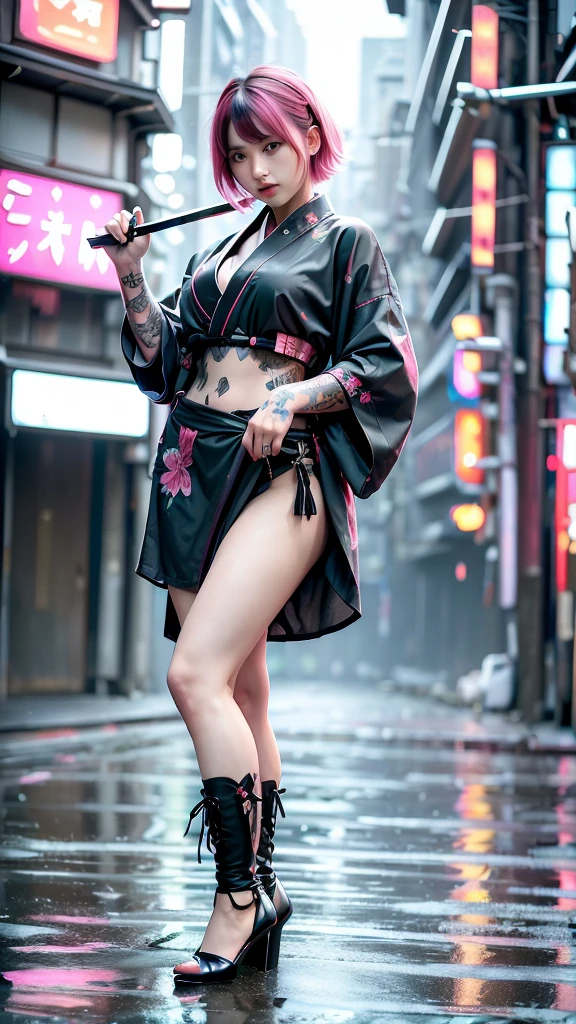 Beautiful Chinese woman, (16 years old), cute face, red lips, white moist skin, moles, (under-eye bags),
BREAK,
Feminine body with high athletic ability, Body of a female fitness model, Feminine body with hard tones, (Muscles: 1.2), (Beautiful belly button),
BREAK,
Fighter, Kung Fu fighter, Idol, (Yakuza), (Yakuza),
BREAK,
(Wearing a cute black kimono: 1.3), (Kimono with a lot of exposure), (Stiletto heels, black long boots 1.3), necklace, very large earrings, short length,
BREAK,
Short hair, (Short bob hair), (Bangs: 1.2), (Pink hair: 1.3), (Wavy hair),
BREAK,
(Very large Japanese sword: 1.4), (Holding the handle of a Japanese sword: 1.3), (Fighting: 1.2), (Getting into a fighting stance), (Beautiful blade of a Japanese sword: 1.2)
BREAK,
(Japanese tattoo: 1.4),
BREAK,
Masterpiece, Perfect lighting, Ultra high resolution, 8K, (Highly detailed: 1.4), (From the front), Looking at the camera, Melancholic expression,
BREAK,
(Tokyo city, lots of people in the background: 1.2), Shibuya city background in Tokyo, Japan, (Neon lights: 1.2)