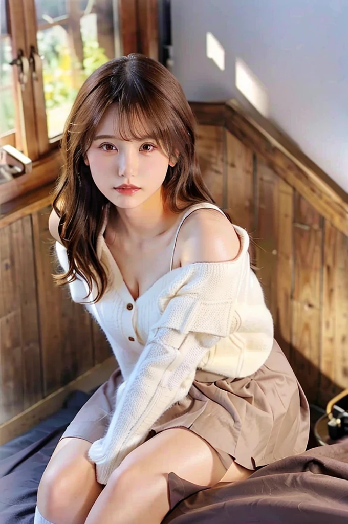 ​masterpiece、1 girl per 1 photo、Hotel bedroom、Sleeping in bed、 (13years old、Extremely beautiful face, natural make up)(fair white skin)(sparkly eyes)、bright expression、blushing cheeks、a blond、（White knee-high socks）((I can see the cleavage、White off-shoulder shirts、Long length))shiny lip、Short bob hair、Hair hanging over the ears、Glossy and smooth,brown hair、 asymmetrical bangs、8K resolution、high detal、detailed hairstyle、A detailed face、beutiful breast、Beautiful valley、thin-waist、big butts、rendering octane、ultra-realistic、Perfect limbs、perfect anatomia、face lightedium full shot from above、(Angle up to the knee)