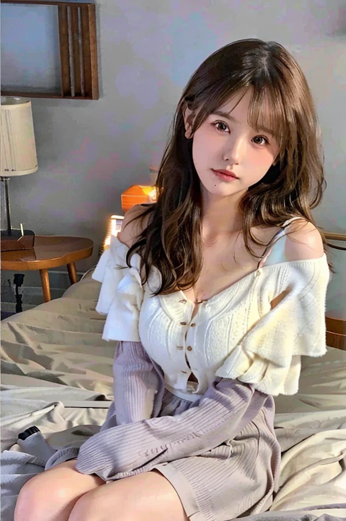 masterpiece、1 girl per 1 photo、Hotel bedroom、Sleeping in bed、 (13years old、Extremely beautiful face, natural make up)(fair white skin)(sparkly eyes)、bright expression、blushing cheeks、a blond、(White knee-high socks)((I can see the cleavage、White off-shoulder shirts、Long length))shiny lip、Short bob hair、Hair hanging over the ears、Glossy and smooth,brown hair、 asymmetrical bangs、8K resolution、high detal、detailed hairstyle、A detailed face、beutiful breast、Beautiful valley、thin-waist、big butts、rendering octane、ultra-realistic、Perfect limbs、perfect anatomia、face lightedium full shot from above、(Angle up to the knee)
