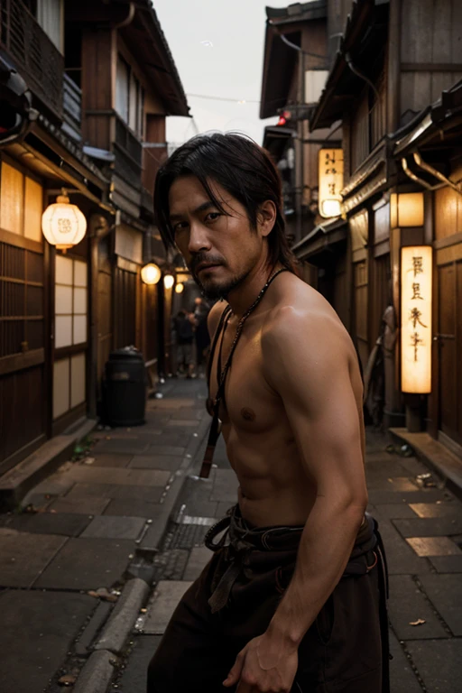 An tied up Japanese man getting fucked by bandits, a short beard, park sharp eyes, Full Frame, Professional Lighting, dark street background