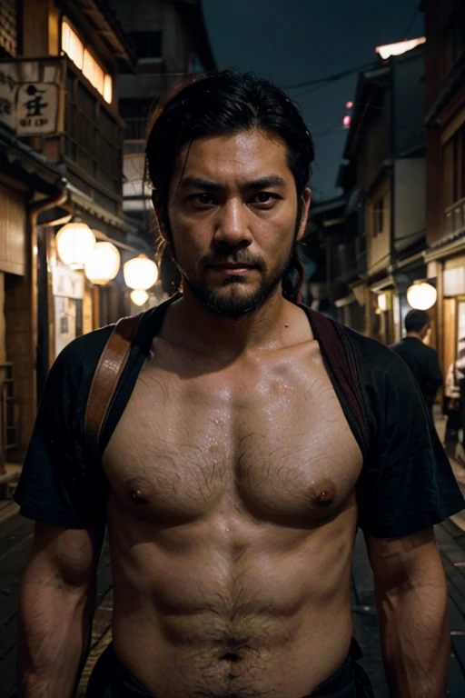 An tied up Japanese man getting fucked by bandits, a short beard, park sharp eyes, Full Frame, Professional Lighting, dark street background