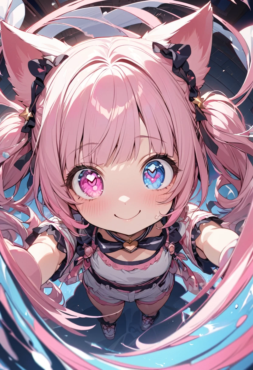 masterpiece, best quality, insanely detailed, 16K, absurdres, Full-HD,, hopeful, smile,looking away, twintail, two side up, bun hair, wave hair, medium hair,twintails, hair bun, blunt bangs, wavy hair, shiny hair, pink hair, colored inner hair, pink eyes, blue eyes, odd eyes, with heart-shaped irises, with sparkling eyes, with diamond-shaped irises, with star-shaped irises, with irises, big eyes, droopy eyes, heterochromia, wide-eyed, with heart-shaped eyes, with heart-shaped pupils, fair skin, shiny skin, detailed skin, chibi, slim, tube top, shorts, hair ribbon, sunglasses, smaller face, with cat ears, cat tail, cute face, baby face, japanese idol, 9-year-old, , kawaii, cute, full body shot, from front, front view, from above, wide view, wide shot, golden ratio, framing composition