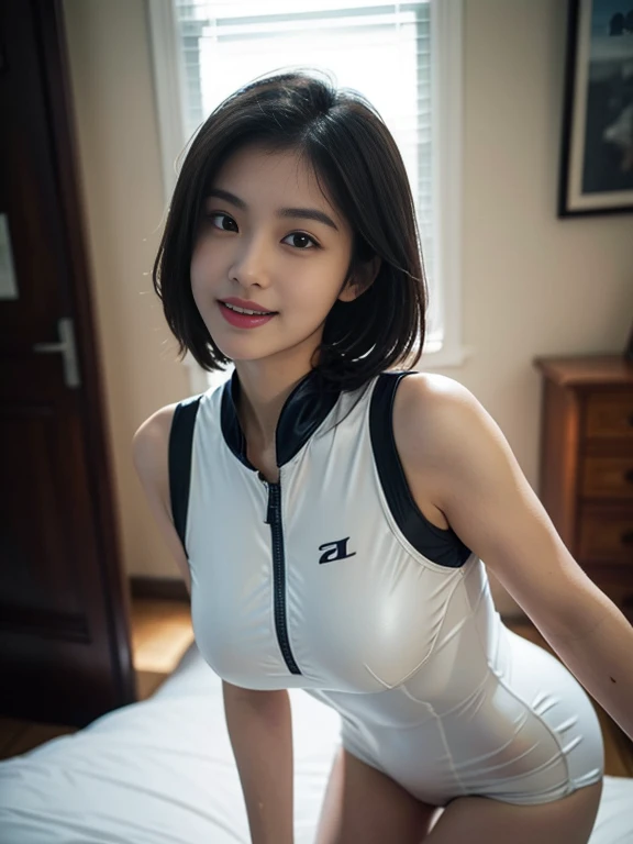 1 woman、Korean、Korean、cyberpunk suit、latex miniskirt, smooth rubber、tight suit、chest chuck、intricate details、high quality、(upscale:1.4)、Staring at me、ultra realistic 8k、Perfection face、perfection、clean、masterpiece、professional artwork、famous works、Perfection face、beautiful expression、beautiful eyes、short black hair、high heels、wet hair、very big breasts、best image quality、natural background、(focus on chest)、No pants, (RAW Photography:1.2)、top-quality、white, a beautiful detailed girl、tight water suit、latex wet suit, a smile、Twin-tailed、extremely detailed eye and face、beatiful detailed eyes、huge filesize、hight resolution、hight resolution、8k wallpapenely detail、Highly detailed ticker uniform 8k wallpaper、Light on the face、movie lighting、18-year-old girl、sexy pose、(photorealisim:1.4)、illustratio、surrealism、 frombelow、super detailing、​masterpiece