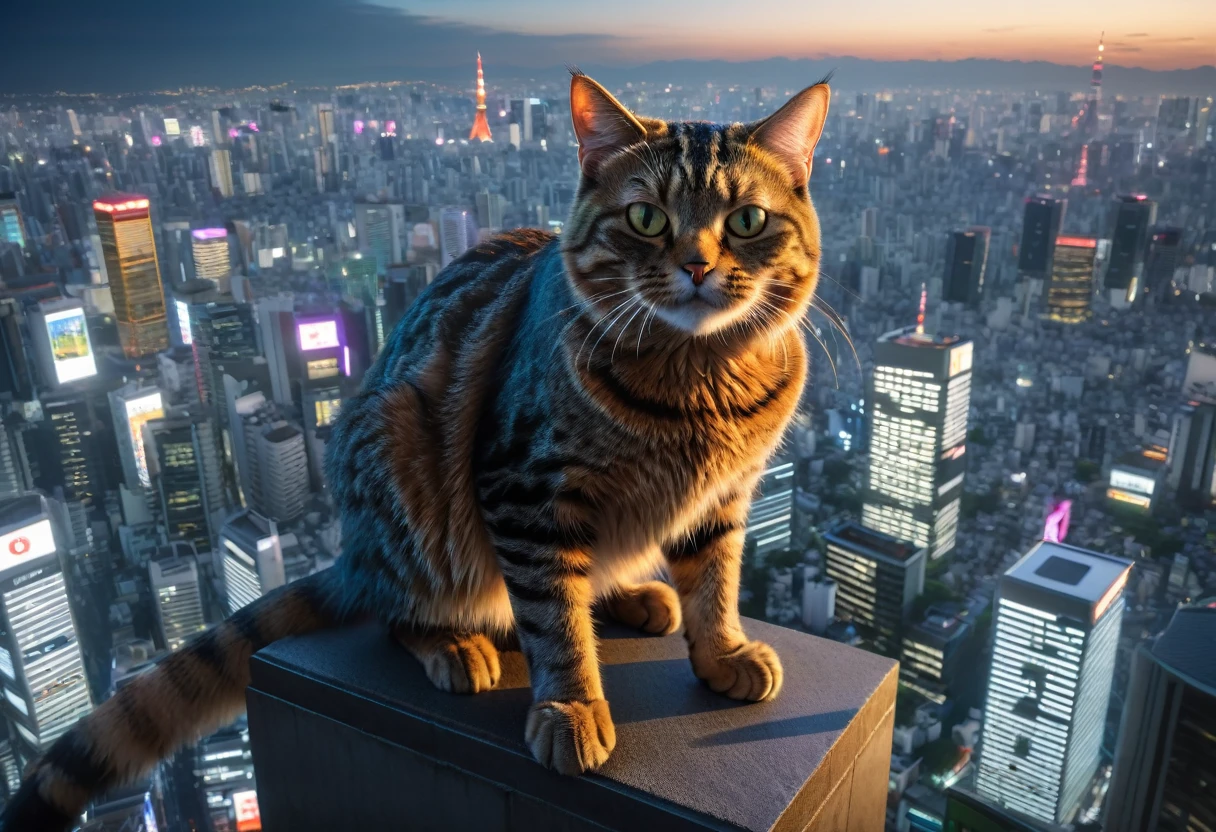 ((Masterpiece, top quality, high resolution)), ((highly detailed CG unified 8K wallpaper)), A cat monster, bigger than a building, is sitting in the center of Tokyo, stomping on the building, arafed cat sitting on a ledge above a city at night, cat attacking tokyo, perched on a skyscraper, cyberpunk cat, planet of the cats, giant cat monster, with a city in the background, city in the background, towering over a city, acrophobia, bird's eye view, neko, very very surreal, bird eye view,
