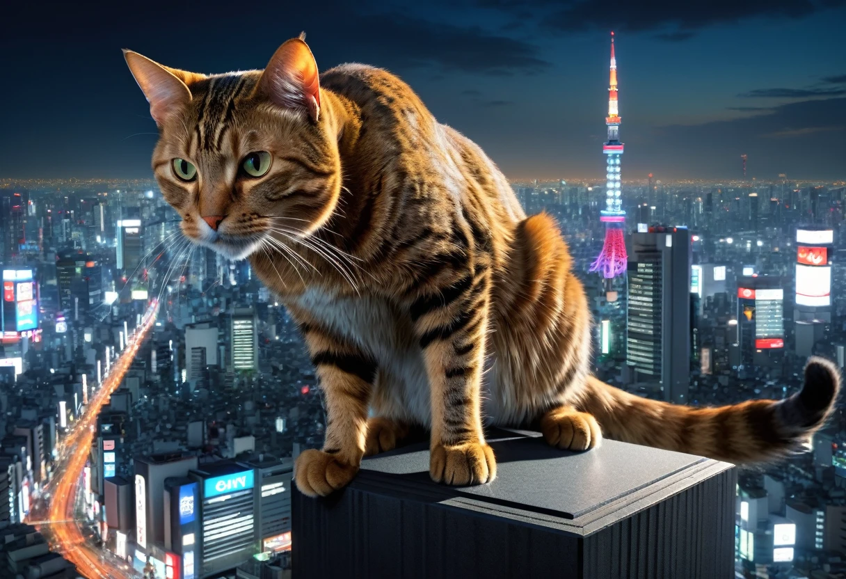 ((Masterpiece, top quality, high resolution)), ((highly detailed CG unified 8K wallpaper)), A cat monster, bigger than a building, is sitting in the center of Tokyo, stomping on the building, arafed cat sitting on a ledge above a city at night, cat attacking tokyo, perched on a skyscraper, cyberpunk cat, planet of the cats, giant cat monster, with a city in the background, city in the background, towering over a city, acrophobia, bird's eye view, neko, very very surreal, bird eye view,