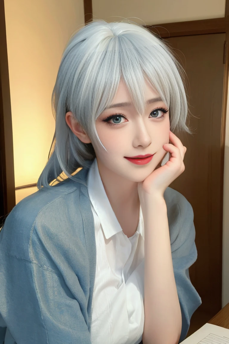 ulzzang-6500-v1.1,(raw photo:1.2),((photorealistic:1.30)), ((best quality)) ,((masterpiece)),((Ultra High Resolution)), ((Clear View)),,Ultra-high resolution,Clear face,（Reality：1.4) ,  illustration, an extremely delicate and beautiful, extremely detailed ,CG ,unity ,8k wallpaper, Amazing, finely detail, masterpiece,best quality,official art,extremely detailed CG unity 8k wallpaper,absurdres, incredibly absurdres, huge filesize, ultra-detailed, highres, extremely detailed,beautiful detailed girl, extremely detailed eyes and face, beautiful detailed eyes,light on face,cinematic lighting, 25 year old woman, 1 girl, long hair,cute, 独奏, bedroom, tutoring, books in table, fruit in table, chair beside table, sitting, dating, (nose blush), (smile:1.15), (closed mouth) ,small breasts, beautiful detailed eyes, White shirt, (collared shirt:1.1),kimono, (short hair:1.5), floating hair NovaFrogStyle, silver hair, Blue eyes, natural lips, slim body, standing, full body,