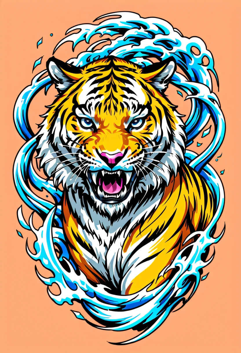 1 tiger, Traditional Japanese tattoo design, realistic tattoo art of Orange tiger with (((Blue eyes))) with pink sakura petal effect ,he is with open mouth looking very fierce and angry, the background is Japanese wave tattoo, (Unity 16K Wallpaper, masterpiece, Best Quality, high quality, Ultra-detailed, extremely details), a tattoo design, realistic tattoo art of Orange tiger with (((Blue eyes))) with pink sakura petal effect ,he is with open mouth looking very fierce and angry, the background is Japanese wave tattoo, scratching the viewer with fierce claw,  
