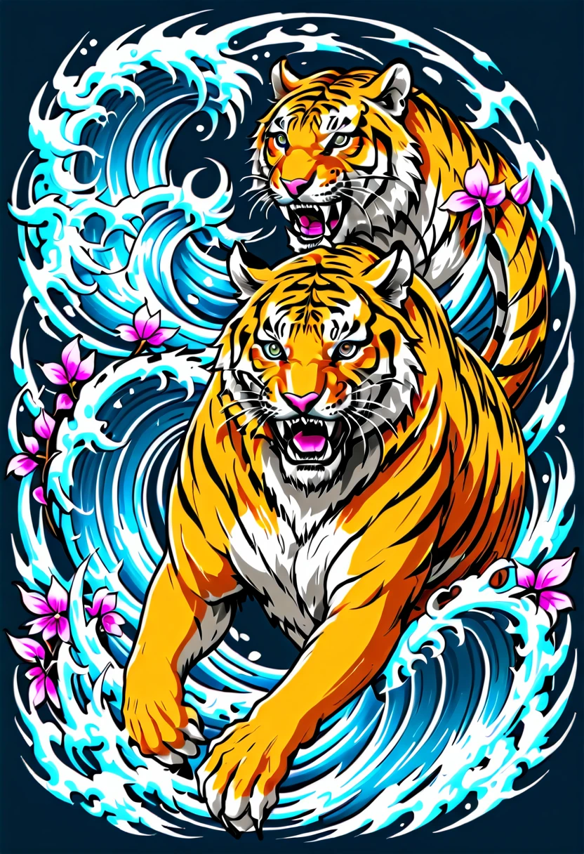 1 tiger, Traditional Japanese tattoo design, realistic tattoo art of Orange tiger with (((Blue eyes))) with pink sakura petal effect ,he is with open mouth looking very fierce and angry, the background is Japanese wave tattoo, (Unity 16K Wallpaper, masterpiece, Best Quality, high quality, Ultra-detailed, extremely details), a tattoo design, realistic tattoo art of Orange tiger with (((Blue eyes))) with pink sakura petal effect ,he is with open mouth looking very fierce and angry, the background is Japanese wave tattoo, scratching the viewer with fierce claw,  
