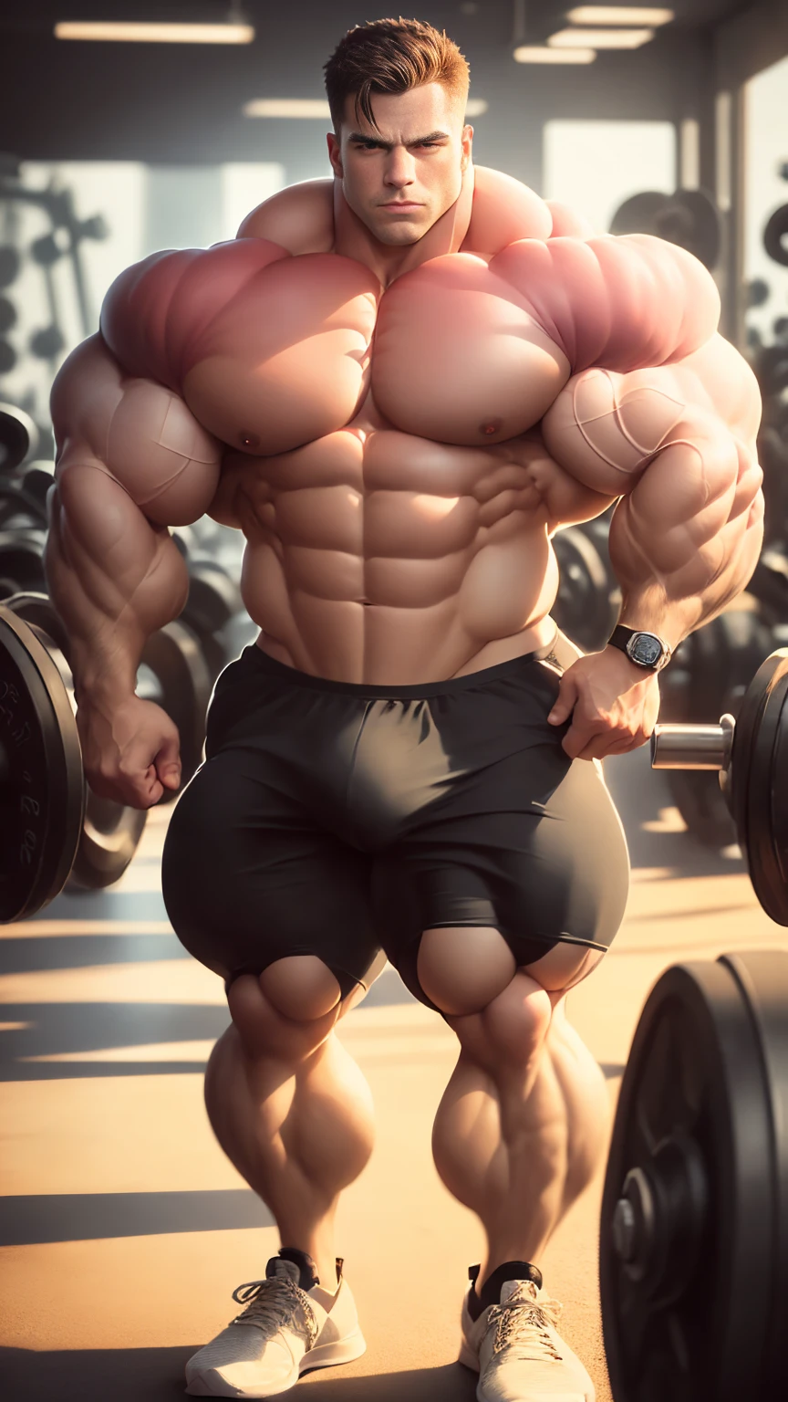 (dynamic lighting), (75mm), (realism), ((realistic:1.5)), (depth of field:1.5), (UHD), (32k))), (Mastepiece), (highres, high resolution), (Advanced facial details:1.5), ((shiny skin:1)), (photorealistic:1.5), (dslr), (soft lighting), (high quality), (clearly face:1.0), (full body shot), (full body portrait:1.0), (finely detailed face:1.0), (top quality), (Best Quality:1.5),(Epic, photogenic) A young man (bodybuilder:0.9), his (brutal mass:0.7) absolutely BULGING, handsome face, strong feautures, (bald head), thick forearms, vascular, (((wearing a sport short with sport sneakers))), Standing inside an a gym in relaxed pose , watching at the camera, key light, fill light, soft light, volumetric light, back light, ((veiny muscles:1.5)), ((shirtless:1.2)), (((shaved body:1))),