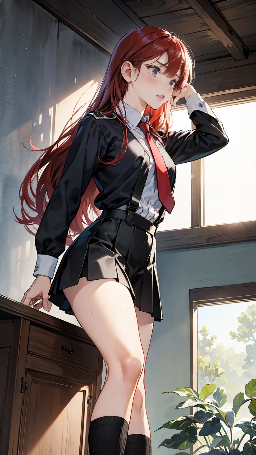 {{masterpiece}}, {{{best quality}}},{{ultra-detailed}}, {{illustration}},{{tall stature}},{{adult women}},{{Fighting stance}},,,{{blushing with anger}},,{{Long sleeve mini skirt uniform}},,,{{blushing with anger}},}{}},{fighting stance}},{},{}, ,{{}},{{Eyelet foot}},,{{From Below }},{{}},,{{}},{{}},,Slender body}}{{Avoidance}}{{Female police officer}},,,,suspenders ,Long sleeve mini skirt uniform, White High Socks,Black fingerless gloves, Long Red Hair, Red tie,Straight hair ,Blunt bangs,Thigh holster,.amountn loafer,,blush,Wrinkles ,amount,Grit your teeth,suffering,v-shaped eyebrows.,Sweat dripping,Medium chest ,get annoyed,,Slums,,Twisting,