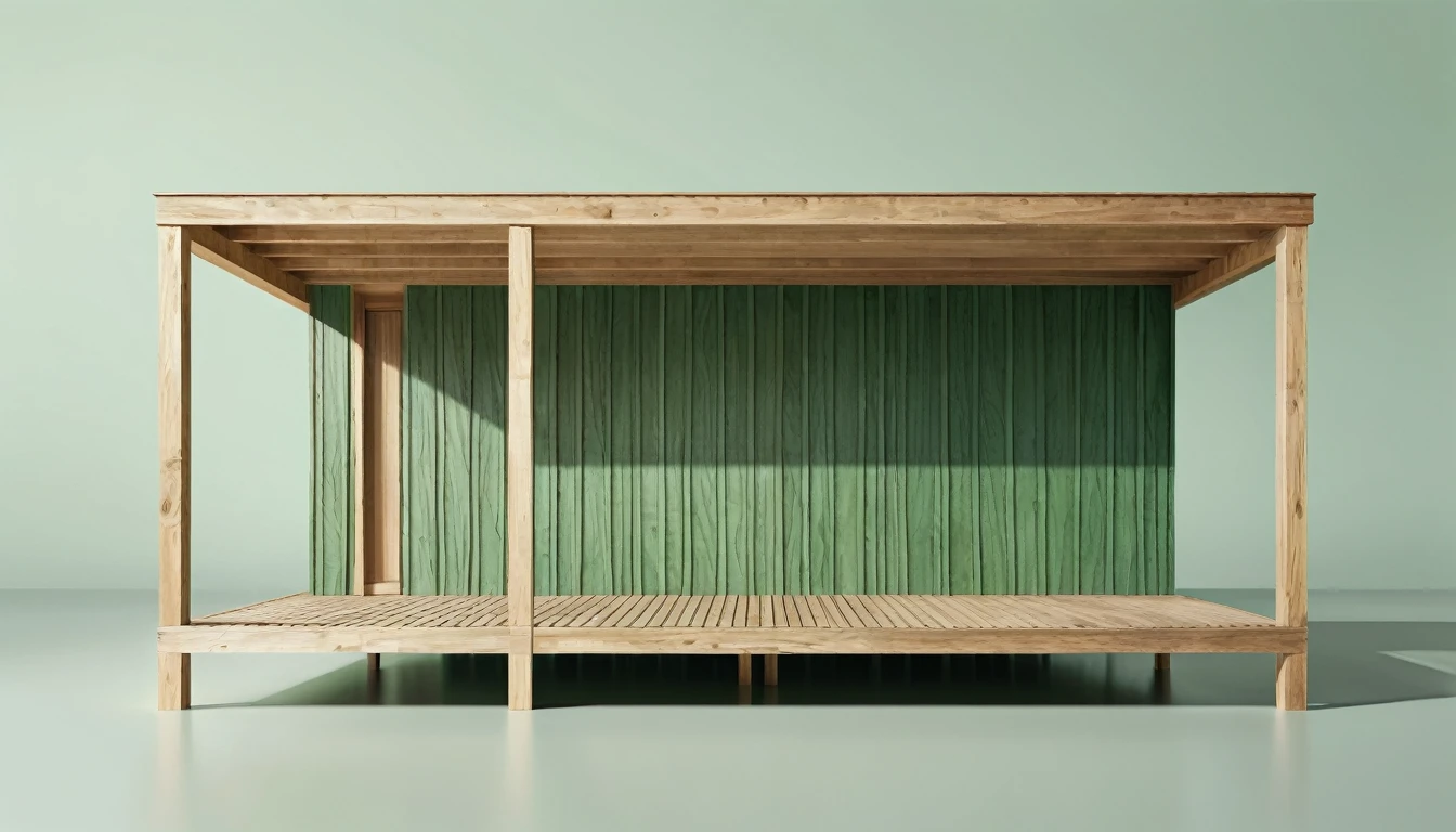 watercolor painting, Photorealistic 3D illustration of a wooden structure displaying a minimalist, contemporary design and an organic, impactful form., sophisticated muted-green color scheme, creative, detailed brush stroke, minimal spalsh
