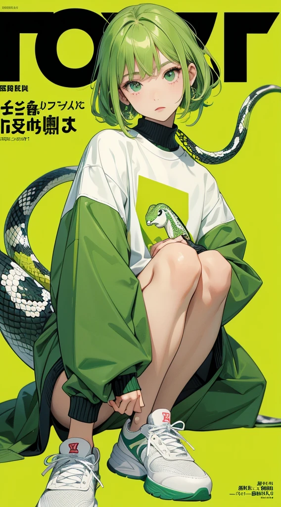 サイバーパンク, オーバーサイズパーカー, Wearing big sneakers, whole body, Simple Background, Magazine cover style, Snake themed characters, Dull green image color, Snake&#39;s Tail, The snake&#39;s tongue is sticking out of its mouth, snake pupils, tachi-e, projected inset, UHD, best quality, highres, 8k