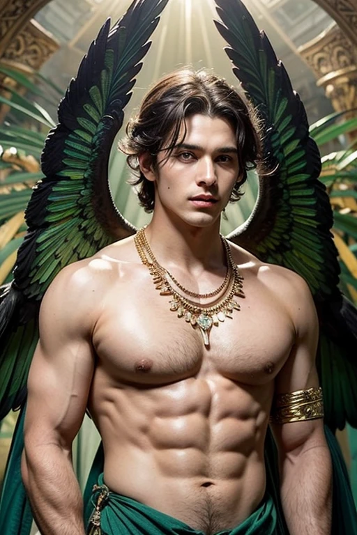 A photorealistic depiction of Himeros, the Greek god of sexual desire, standing majestically. Himeros is tall and athletic, with smooth, sun-kissed skin. His piercing green eyes are filled with seduction and wisdom, and his flowing, curly black hair cascades down to his shoulders, catching the light to highlight its luster.

His stance is confident and graceful, exuding both power and allure. From his back, large, magnificent wings extend, their feathers shimmering with subtle iridescence, capturing the light in hues of white and gold.

Near Himeros, a single serpent is coiled around a wooden staff. The staff, ancient and intricately carved with symbols of healing, stands upright next to him. The serpent's iridescent scales shimmer with shades of green, gold, and blue, and its eyes glint with mystical intelligence. Its tongue flickers as it senses the energy around it, adding to the divine ambiance.

The background features an ethereal landscape with soft, golden light filtering through the clouds, casting a warm glow around Himeros. Elements of Greek architecture, such as marble columns and ancient temples, are interwoven with natural elements like olive trees and blooming flowers. This setting creates a divine and harmonious atmosphere, highlighting the convergence of desire and healing.