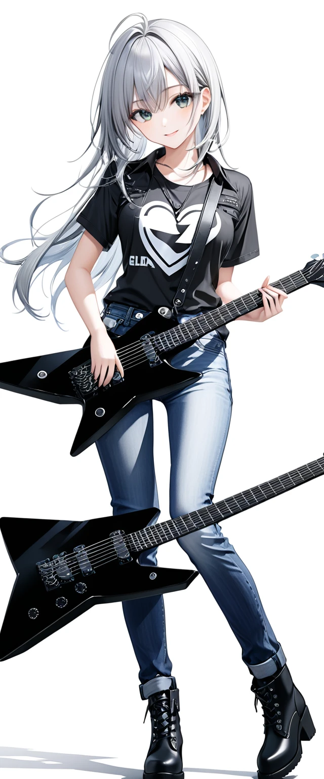 (((White background:1.2)))、(The entire subject is captured),(((Composition from afar:1.5))),(((full body:1.2))),Masterpiece、Ultra HD、K-pop girl playing black electric guitar, Intricate details, Highly detailed eyes, Long silver hair、(Black shirt and jeans)、(((Dynamic pose:1.5)))、Wear black boots、Ultra-detailed image quality、Intense gaze at the camera、Smiling Kindly、Perfect Style、８Head to Body、Playing on stage、Live