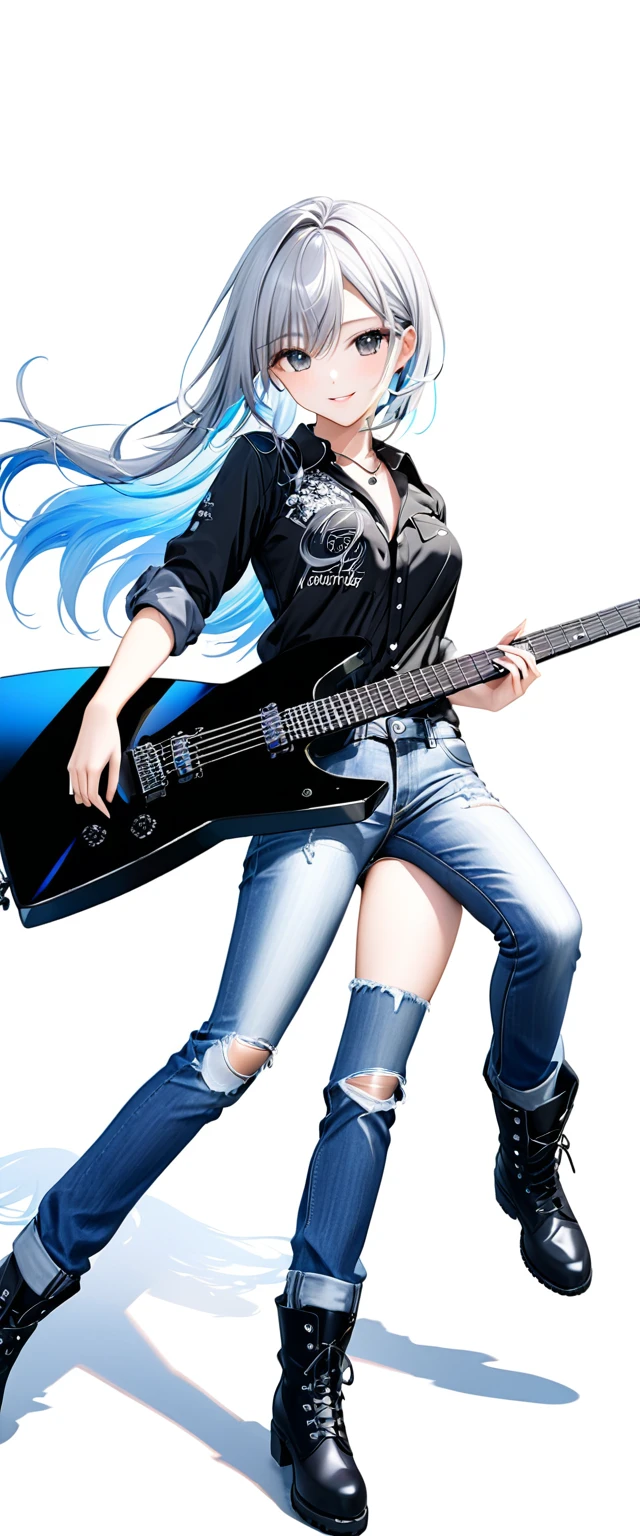 (((White background:1.2)))、(The entire subject is captured),(((Composition from afar:1.5))),(((full body:1.2))),Masterpiece、Ultra HD、K-pop girl playing black electric guitar, Intricate details, Highly detailed eyes, Long silver hair、(Black shirt and jeans)、(((Dynamic pose:1.5)))、Wear black boots、Ultra-detailed image quality、Intense gaze at the camera、Smiling Kindly、Perfect Style、８Head to Body、Playing on stage、Live