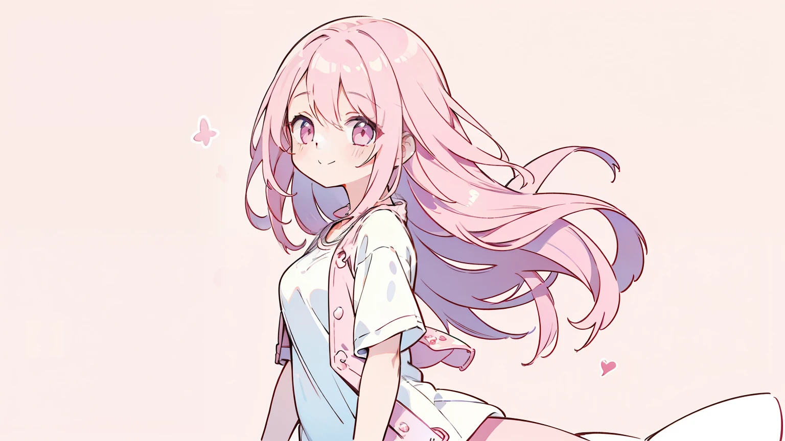 masterpiece, beautiful detailed, (casual clothes), 1girl, pink Eyes, pink hair, long hair, layered hair, smile, taking a walk, medium breasts, pastel color, ((no background:1.4)), (((bold outline))), limited palette