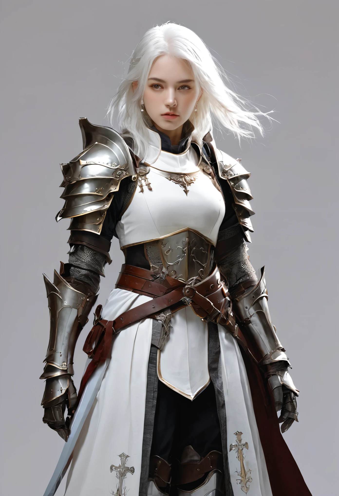 European style, fantasy, solo, cute girl, knight outfit, 1girl, weapon, armor, sword, solo, gauntlets, shoulder_armor, holding, pauldrons, holding_weapon, full_body, holding_sword, standing, knight, tabard, cross, boots, plate_armor, looking_at_viewer, long_hair, white_hair, breastplate, belt, closed_mouth, armored_boots, closed_eyes, lips