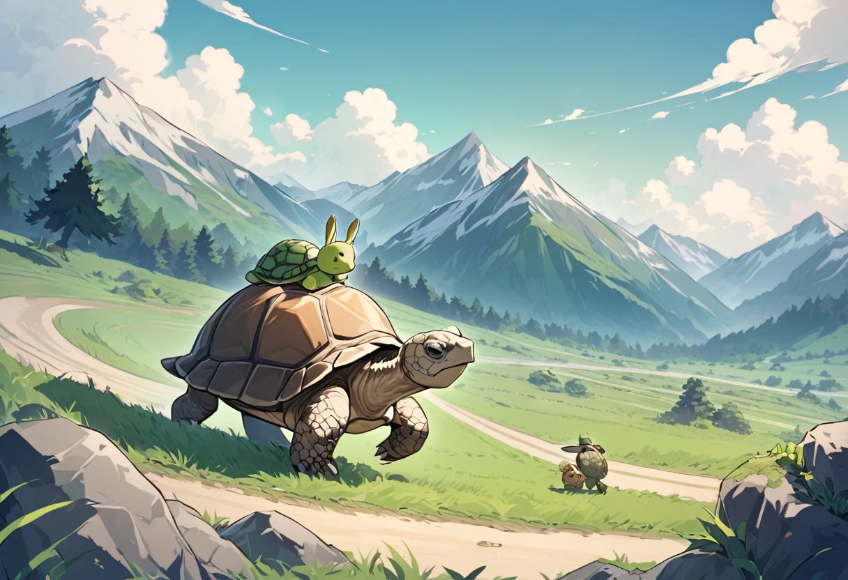 A tortoise and a hare are racing to the foot of a mountain,Rabbit looks like he can afford it,The turtle looks desperate,The mountains rise lushly