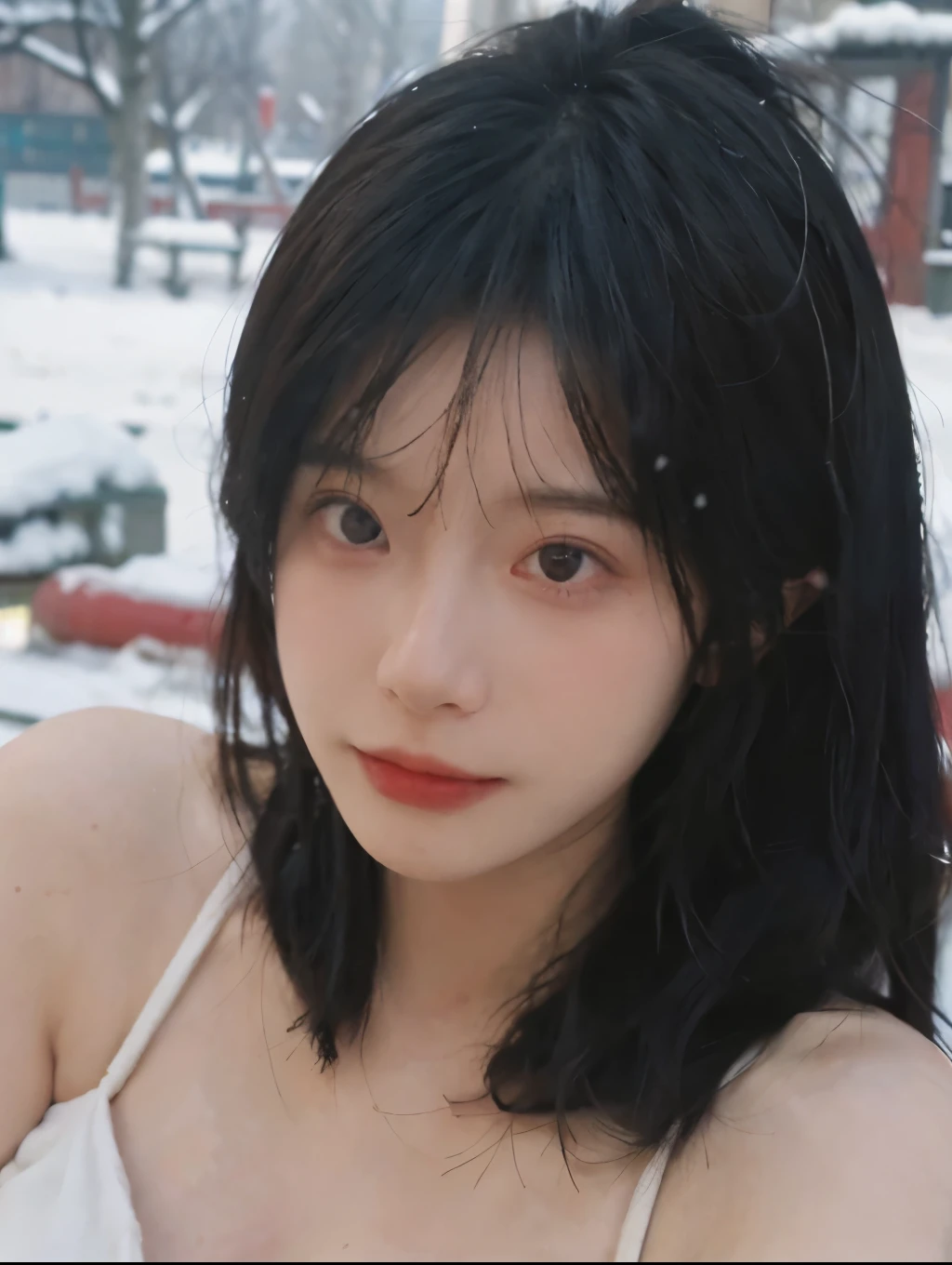 Portrait photography,1 girl,Snow Scene,Snowing background,Push-up non-slip tube top ,(whole body:1.4),Lipstick,(Big Breasts:1.4),Headband,serene,calm,(Realistic and detailed eyes,Natural skin texture,Realistic facial details),