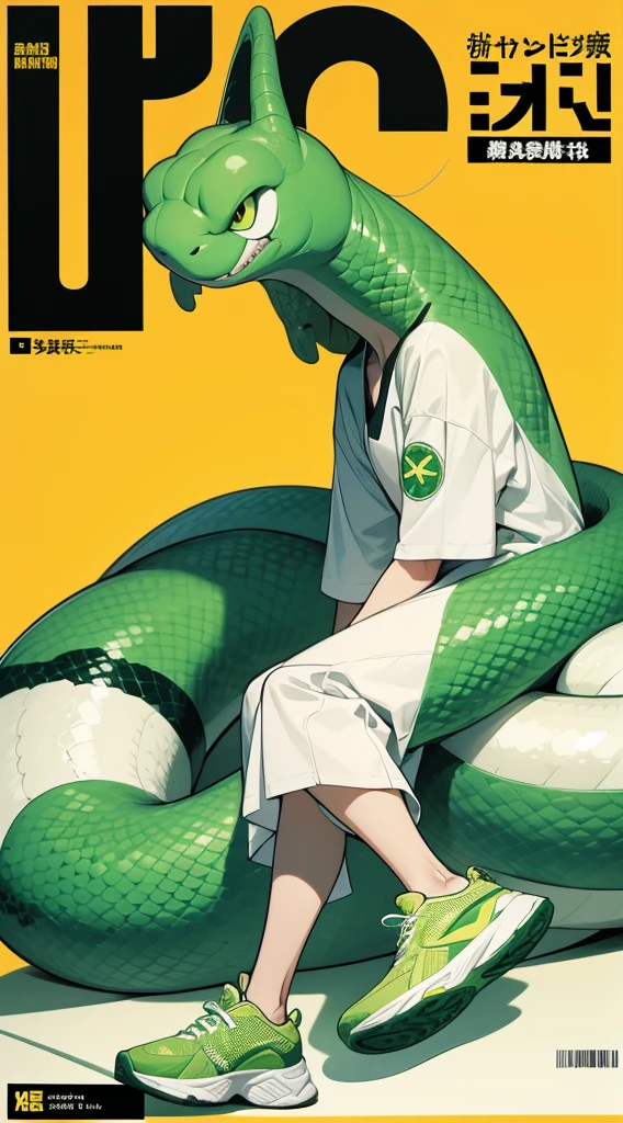 サイバーパンク, オーバーサイズパーカー, Wearing big sneakers, whole body, Simple Background, Magazine cover style, Snake themed characters, Dull green image color, Snake's Tail, The snake's tongue is sticking out of its mouth, snake pupils, tachi-e, projected inset, UHD, best quality, highres, 8k