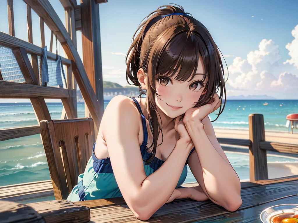(masterpiece、Highest quality:1.2),Frame In、 Cowboy Shot, solo, One Girl, Seeing the viewer, (Highest quality, 8k, oil, Tabletop:1.2), Very detailed, (Realistic, Realistic:1.37), Vibrant colors, (((Seaside)))、White camisole、Blue ide Ponytail、Brown Hair、smile、evening、horizontal line、Dusk、