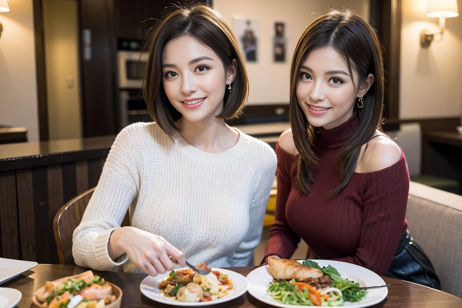 (Realistic:1.1),(masterpiece,Highest quality),8k,(40 years old), 42 years old, slimカップル、Model Couple、actress/actor、Tight waist,Upper Body,full-course dinner、wine 、Amazing view of the sunset sky and clouds、Perfect Anatomy, Brown Hair, short hair,Random Hairstyles,((Highly detailed face and eyes:1.2))(cute顔:1.4),美しいactressの顔,Perfect golden ratio face,Long sleeve shirt、dress,(smile:1.2)、Shortcuts、cute、(Realistic, Intricate details:1.2), A bright smile、short hair,Bright Face、赤wine 、Appetizers、Italian food、wine bottle、Champagne、スパークリングwine、(slimな顔), (The body is slim), (Brown Hair), (Shortcuts), Upper Body, 白wine, slim, wineグラス,