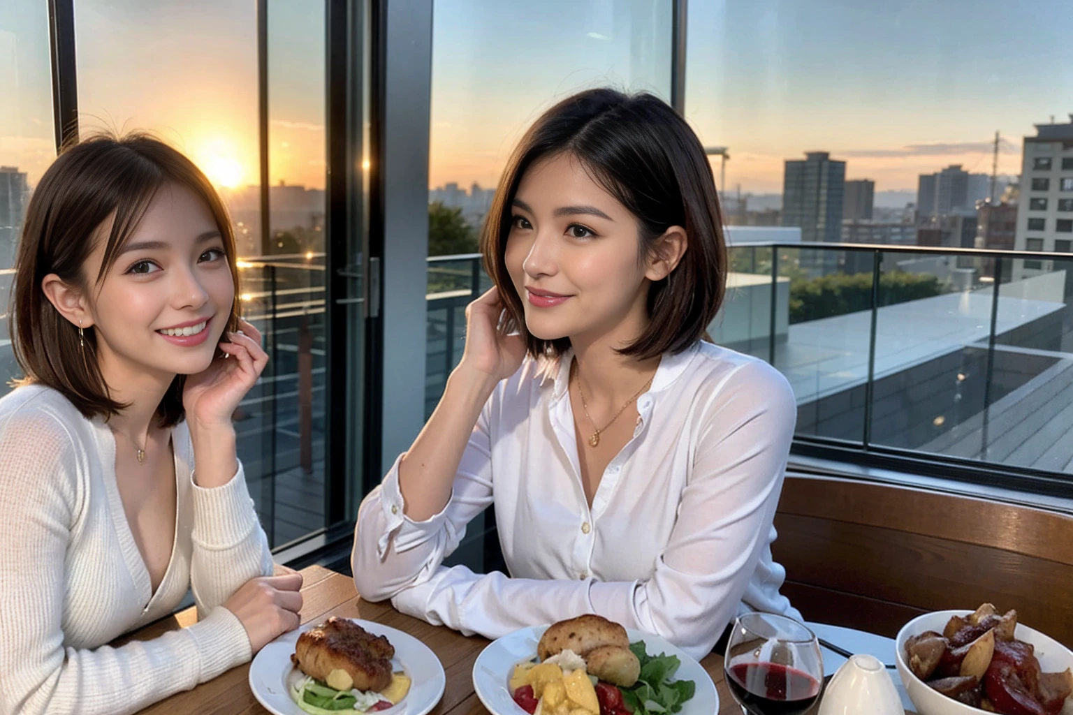 (Realistic:1.1),(masterpiece,Highest quality),8k,(40 years old), 42 years old, slimカップル、Model Couple、actress/actor、Tight waist,Upper Body,full-course dinner、wine 、Amazing view of the sunset sky and clouds、Perfect Anatomy, Brown Hair, short hair,Random Hairstyles,((Highly detailed face and eyes:1.2))(cute顔:1.4),美しいactressの顔,Perfect golden ratio face,Long sleeve shirt、dress,(smile:1.2)、Shortcuts、cute、(Realistic, Intricate details:1.2), A bright smile、short hair,Bright Face、赤wine 、Appetizers、Italian food、wine bottle、Champagne、スパークリングwine、(slimな顔), (The body is slim), (Brown Hair), (Shortcuts), Upper Body, 白wine, slim, wineグラス,