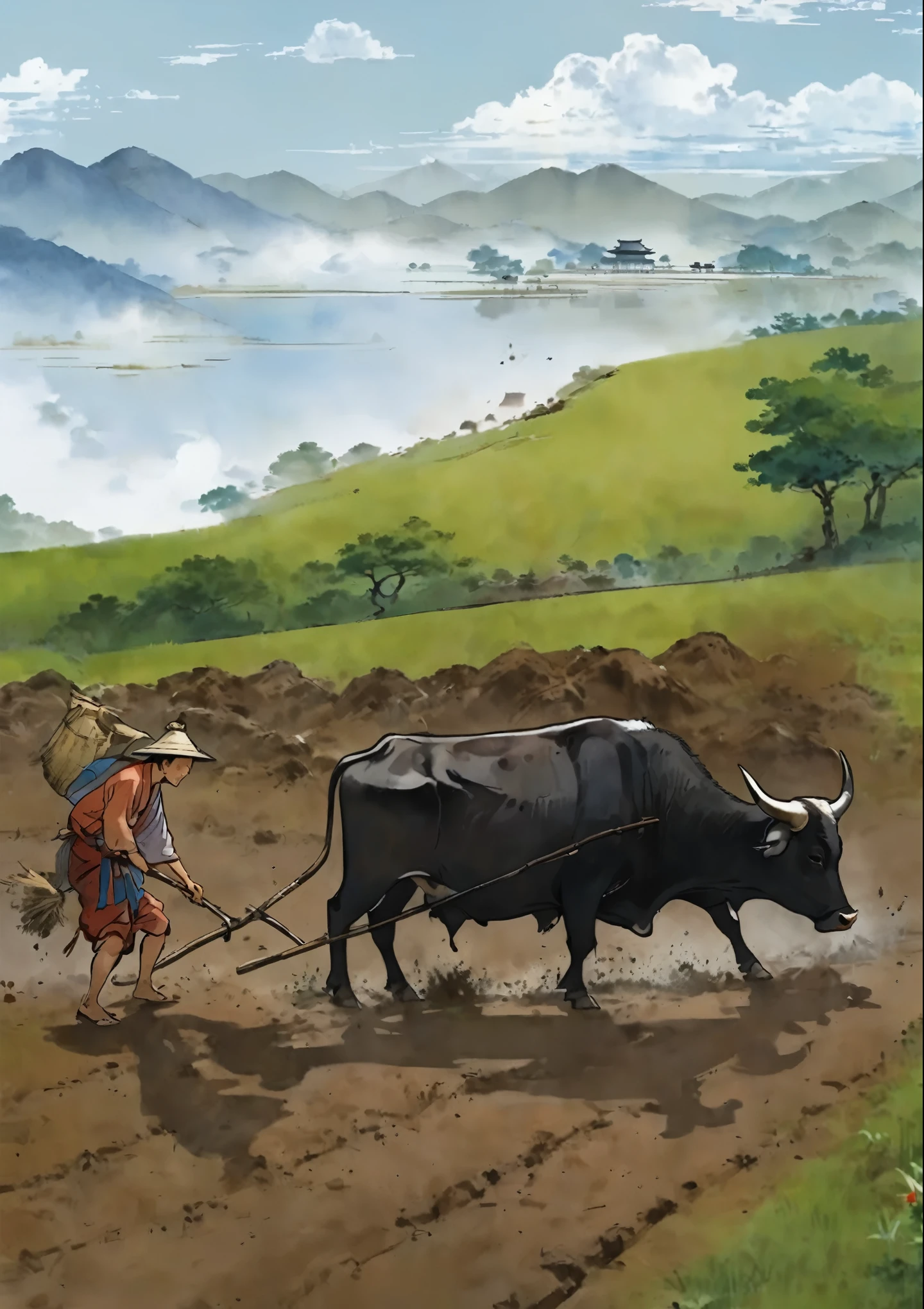 A man plowing a field with an ox, Farmers, 中国人 Farmers, Villagers are busy farming, A man standing on the land,An Asian black bull, Full color illustrations, buffalo,Pioneer,noon, Muddy land,field,Brown and earthy mud,Prehistoric agricultural era,Man carrying wooden farm tools,Wooden frame,Grassland background,shrub、原始forest,wetlands,Distant trees,forest,Distant Mountains,Sky,White Cloud,sunny,author:Randolph Caldecott, (Watercolor, masterpiece, Line Art, Illustration Art, Professional line art, Super complex and detailed, Chinese painting,8k:1.3)