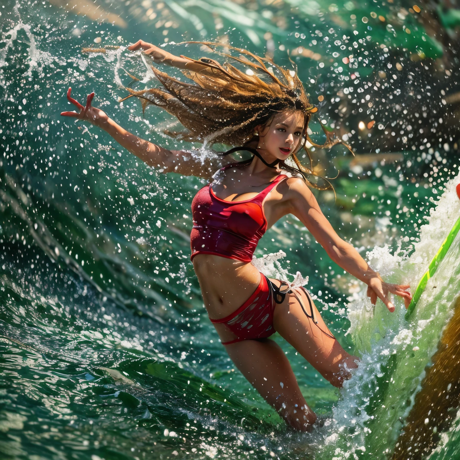 (ZoomedOut:1.28, Wide-shot) ZoomLayer (Epic photo of surfer magazine:1.37). (Full of Water, Everything Wetted:1.4) WetHair (extremely detailed Cute Girl in RED)(SparklingHighlights:1.28), Dynamic Joyful Expressions LifeLike Rendering (ManoErina:1.0) . Overflowing Gigantic Sideboob (Clearly Visible Beautiful Breast to Buttocks Line) Tiny and Roundly Butt, Detailed wet clothing texture, (Sloppy Surfboard:-1.2) Riding on waves, Sparkling water, TyndallEffect(Starry Water Particles:1.28), Whole Body proportions and all limbs are anatomically accurate