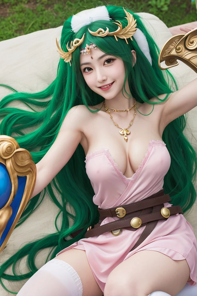 Erotic、Palutena Palutena / Hikari Shinwa Palutena no Kagami (Kid Icarus)masterpiece, Highest quality, High resolution, hmpa1, pink, Parted bangs, tiara, Big Tits, necklace, Exposing shoulders, Strapless Dress, Arm guard, belt, White Dress, White knee socks, Single knee socks, Outdoor, holding staff, staff, Hold a shield,Erotic、Smiling seductively、Erotic、Beautiful armpits、Succubus