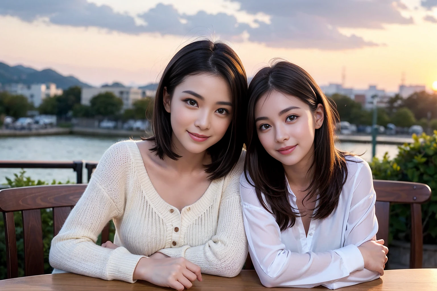 （Realistic:1.2）,(masterpiece,Highest quality)，8k,((men and women)),Age 35,37 years old、最高のsmile、Happy couple, Full course dinner at the table、wine 、wineグラス、白wine、スパークリングwine、赤wine、Upper Body、Tight waist,Perfect Anatomy, Brown Hair, short hair,Random Hairstyles,Amazing view of the sunset sky and clouds、Long sleeve shirt、dress,((Highly detailed face and eyes:1.2))(Cute Face:1.4)，Beautiful actress face，Perfect golden ratio face，woman&#39;suit、Nice,(smile:1.2)、