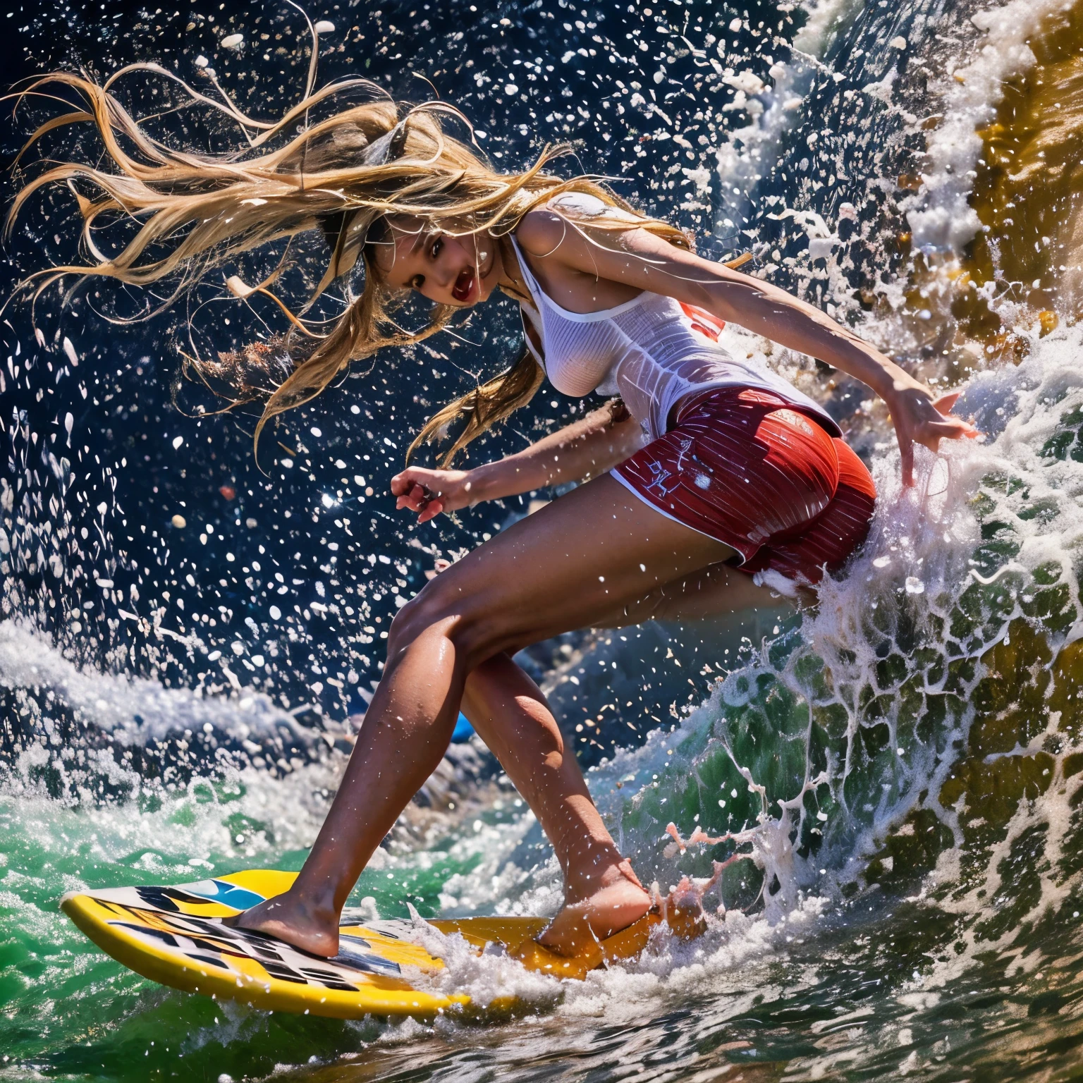 (ZoomedOut:1.28, Wide-shot) ZoomLayer (Epic photo of surfer magazine:1.37). (Full of Water, Everything Wetted:1.4) WetHair (extremely detailed Cute Girl in RED)(SparklingHighlights:1.28), Dynamic Joyful Expressions LifeLike Rendering (ManoErina:1.0) . Overflowing Gigantic Sideboob (Clearly Visible Beautiful Breast to Buttocks Line) Tiny and Roundly Butt, Detailed wet clothing texture, (Sloppy Surfboard:-1.2) Riding on waves, Sparkling water, TyndallEffect(Starry Water Particles:1.28), Whole Body proportions and all limbs are anatomically accurate