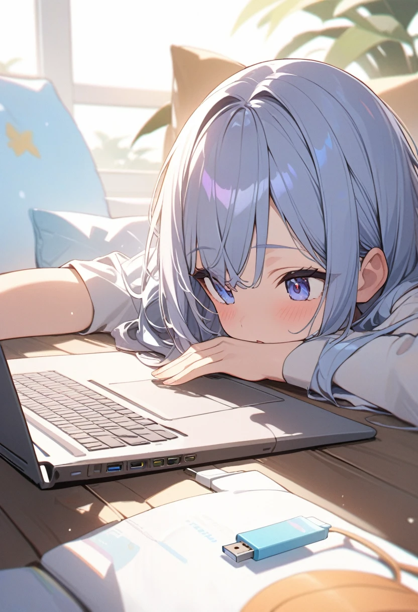 ((background only)),masterpiece, best quality, extremely detailed, ultra detailed, flat anime, 2D,
USB memory stick into a laptop computer,
 summer, 11AM, livingroom,