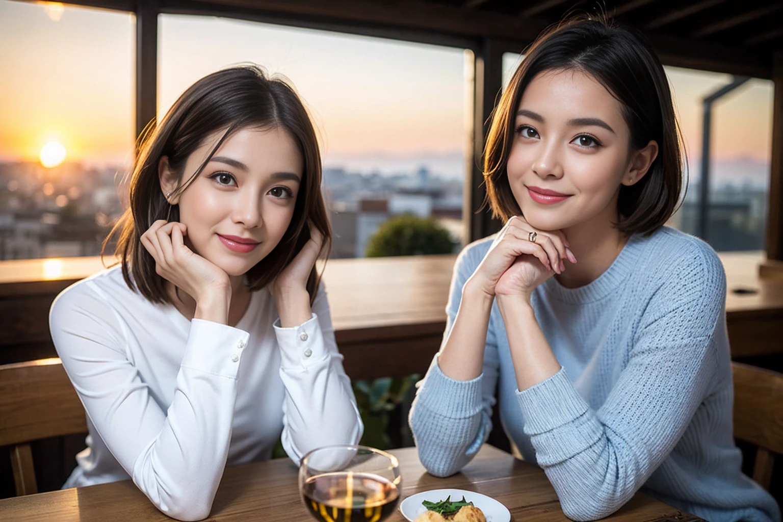 (Realistic:1.2),(masterpiece,Highest quality),8k,((men and women)),Age 35,37 years old、最高のsmile、Happy couple, Full course dinner at the table、wine 、wineグラス、白wine、スパークリングwine、赤wine、Upper Body、Tight waist,Perfect Anatomy, Brown Hair, short hair,Random Hairstyles,Amazing view of the sunset sky and clouds、Long sleeve shirt、dress,((Highly detailed face and eyes:1.2))(Cute Face:1.4),Beautiful actress face,Perfect golden ratio face,woman'suit、Nice,(smile:1.2)、
