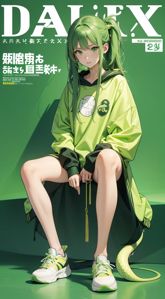 サイバーパンク, オーバーサイズパーカー, Wearing big sneakers, whole body, Simple Background, Magazine cover style, Snake themed characters, Dull green image color, Snake&#39;s Tail, The snake&#39;s tongue is sticking out of its mouth, snake pupils, tachi-e, projected inset, UHD, best quality, highres, 8k