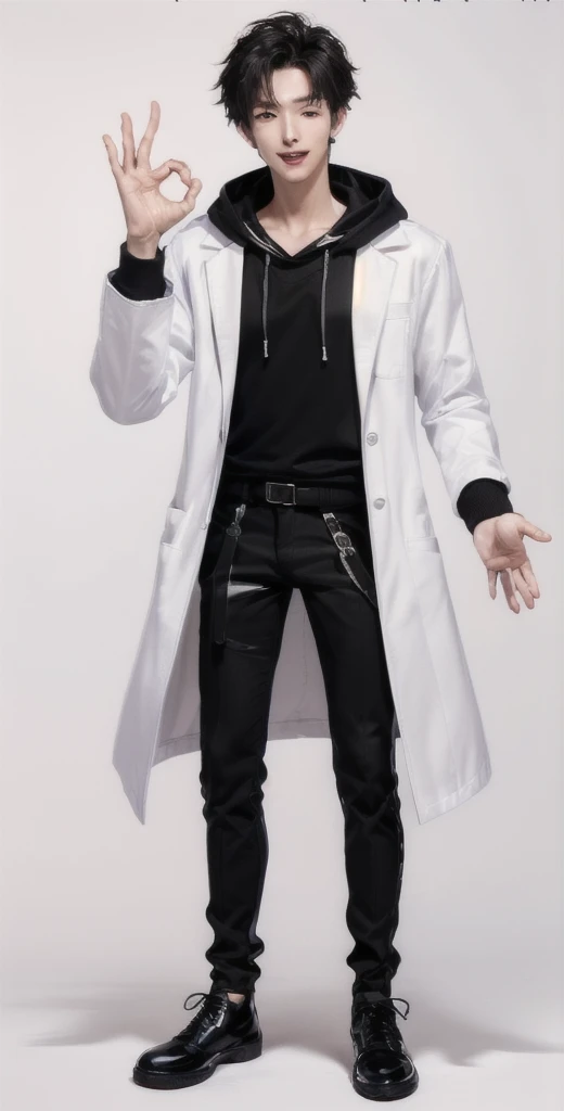 (OK Sign.:1.4),(photorealistic:1.2), (high detail face:1.3), (high detail hands:1.3), (anatomically correct hands:1.2), handsome young asian man, Japanese idol style, short clean-cut hair, ((center part)), (crisp white lab coat:1.3), ((black hoodie underneath:1.2)), (black pants:1.2), (black shoes:1.2), (enthusiastic expression:1.3), ((explain pose:1.4)), (both arms raised:1.3), (clenched fists:1.3), (energetic stance:1.2), plain white background, mid-shot portrait, full body view, high quality, detailed, 8K, (realistic skin texture:1.2), (sharp focus:1.1), (contrast between white coat and black clothing:1.2)