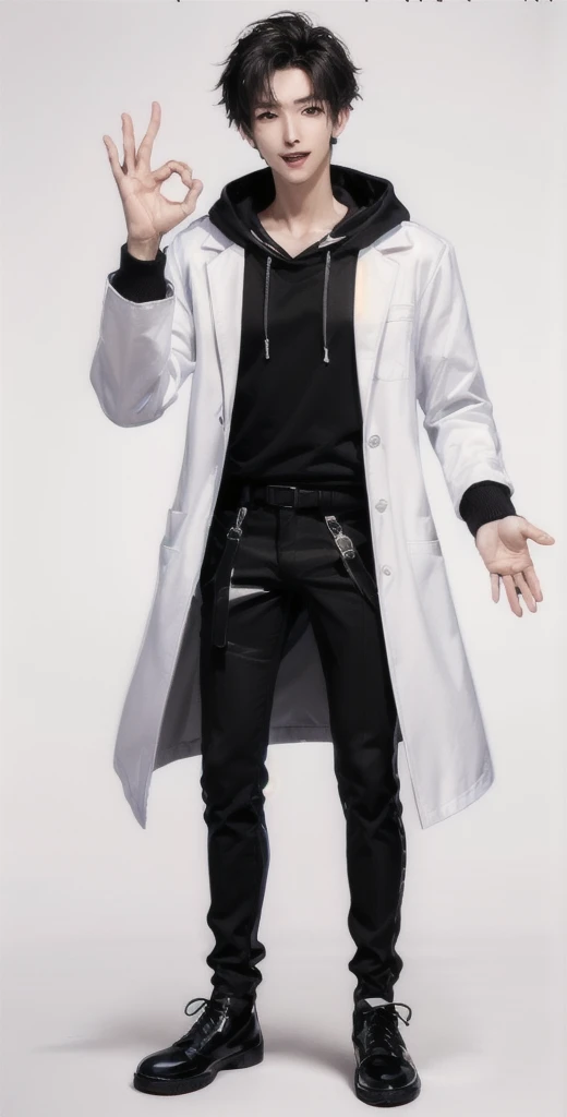(OK Sign.:1.4),(photorealistic:1.2), (high detail face:1.3), (high detail hands:1.3), (anatomically correct hands:1.2), handsome young asian man, Japanese idol style, short clean-cut hair, ((center part)), (crisp white lab coat:1.3), ((black hoodie underneath:1.2)), (black pants:1.2), (black shoes:1.2), (enthusiastic expression:1.3), ((explain pose:1.4)), (both arms raised:1.3), (clenched fists:1.3), (energetic stance:1.2), plain white background, mid-shot portrait, full body view, high quality, detailed, 8K, (realistic skin texture:1.2), (sharp focus:1.1), (contrast between white coat and black clothing:1.2)