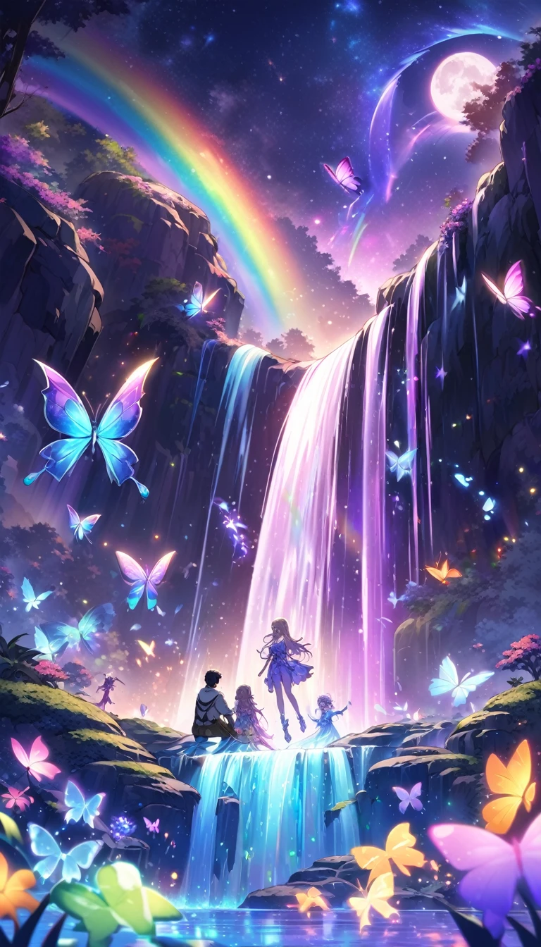 Man and woman silhouette、a Fall with butterflies flying over it and a full moon in the background, cascading iridescent Falls, bioluminescent Fall, nebula Falls, alien Fall, galactic Falls, rainbow river Fall, beautiful stunning Fall, Fall(beautiful, floating Falls, stunning Fall, Rainbow fireflies, Magical colors and atmosphere, Glowing water, Fall!!!!!, ethereal rainbows
a Fall with butterflies flying over it and a full moon in the background, Concept art by Lisa Frank, tumbler, Fantasy Art, cascading iridescent Falls, bioluminescent Fall, nebula Falls, alien Fall, galactic Falls, rainbow river Fall, beautiful stunning Fall, Fall(beautiful, floating Falls, stunning Fall, Rainbow fireflies
