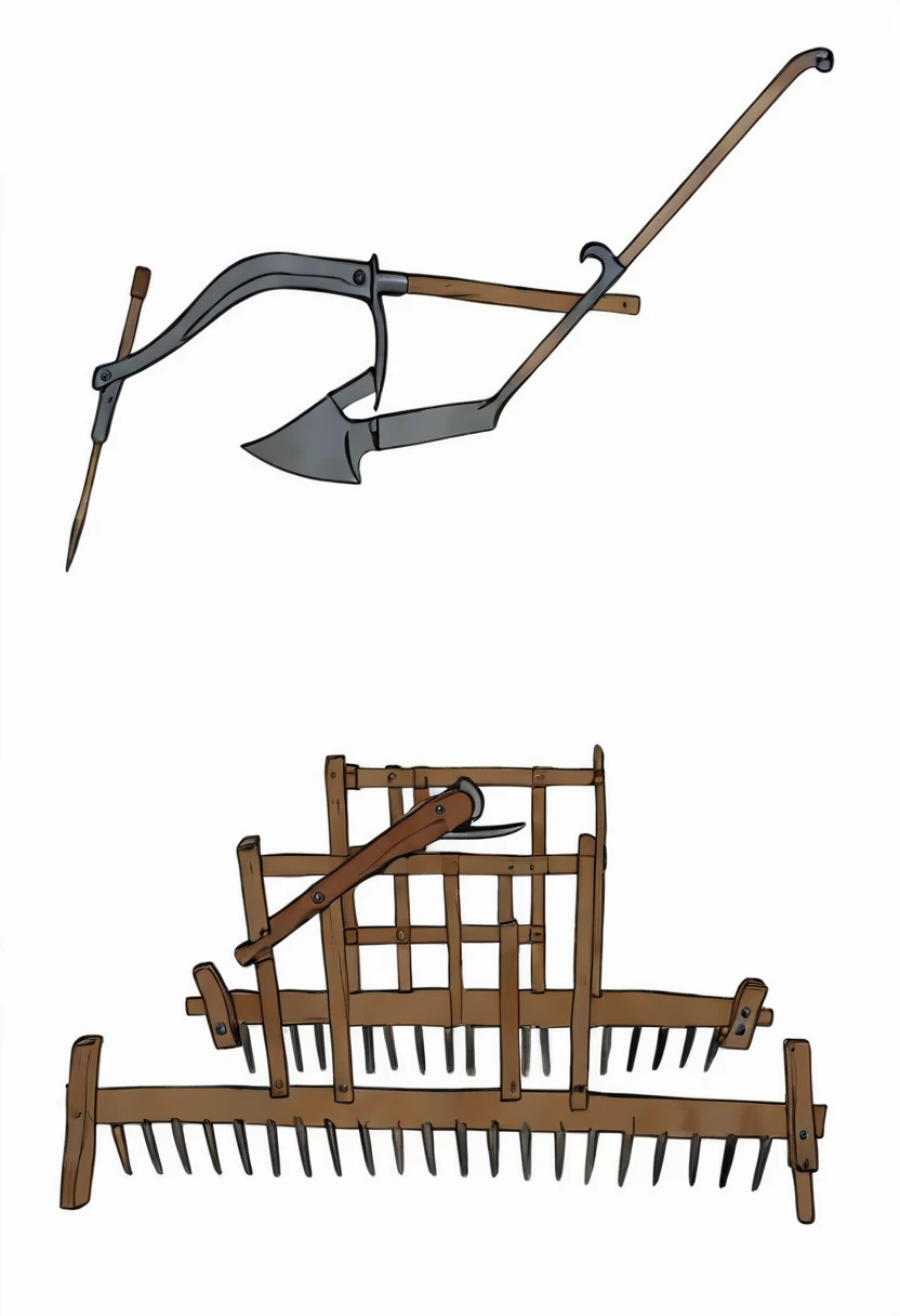 Farming tools,Agricultural era, wood ,Agricultural tools, Wooden frame,plows, timberwork,Nail rake,Simple background,Blank background,Display of two farm tools。author:Randolph Caldecott, (Watercolor, masterpiece, Line Art, Illustration Art, Professional line art, Super complex and detailed, Chinese painting,8k:1.3)