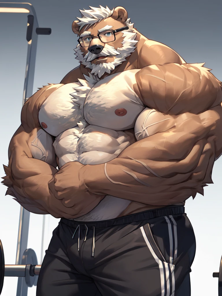 semirealistic:1.3, masterpiece, solo, 1boy, Huge Muscular Old Grizzly Bear wearing glasses , pectoral, huge pectoral, wide pectoral, short white hair, short pants, and shirtless and topless, bearded, Mustache, simple background, masterpiece, high detailed, 8k, high resolution, at the gym, double biceps arms flex, veins popping