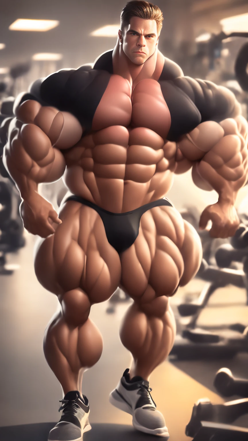 (dynamic lighting), (75mm), (realism), ((realistic:1.5)), (depth of field:1.5), (UHD), (32k))), (Mastepiece), (highres, high resolution), (Advanced facial details:1.5), ((shiny skin:1)), (photorealistic:1.5), (dslr), (soft lighting), (high quality), (clearly face:1.0), (full body shot), (full body portrait:1.0), (finely detailed face:1.0), (top quality), (Best Quality:1.5),(Epic, photogenic) A young man (bodybuilder:0.9), his (brutal mass:0.7) absolutely BULGING, handsome face, strong feautures, (bald head), thick forearms, vascular, (((wearing a sport short with sport sneakers))), Standing inside an a gym in relaxed pose , watching at the camera, key light, fill light, soft light, volumetric light, back light, ((veiny muscles:1.5)), ((shirtless:1.2)), (((shaved body:1))),
