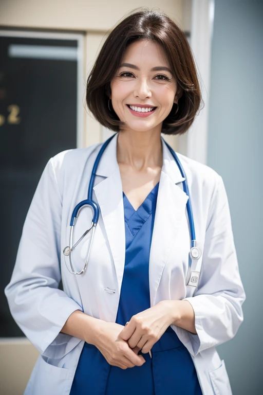 A smiling woman in her 50s wearing a doctor's gown