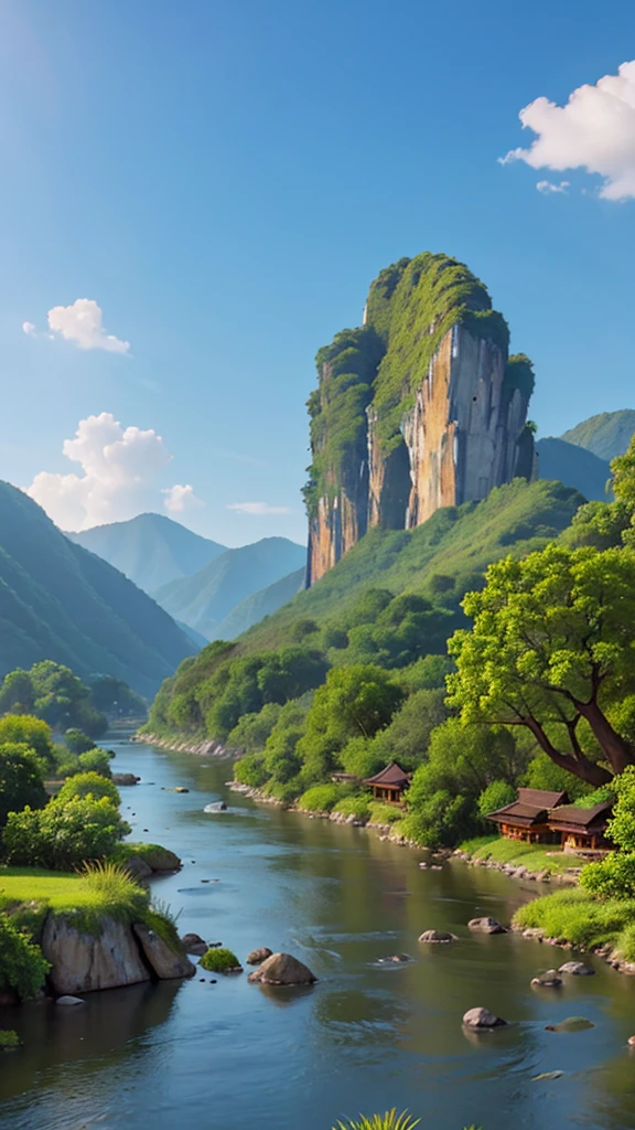 vẽ ảnh đức phật ngồi thiền, close, Surrounded by mountains and rivers, Behind there is a temple, There are small flowers in the river. hình ảnh chân thực, 8k, High definition. full light, cloudy skies