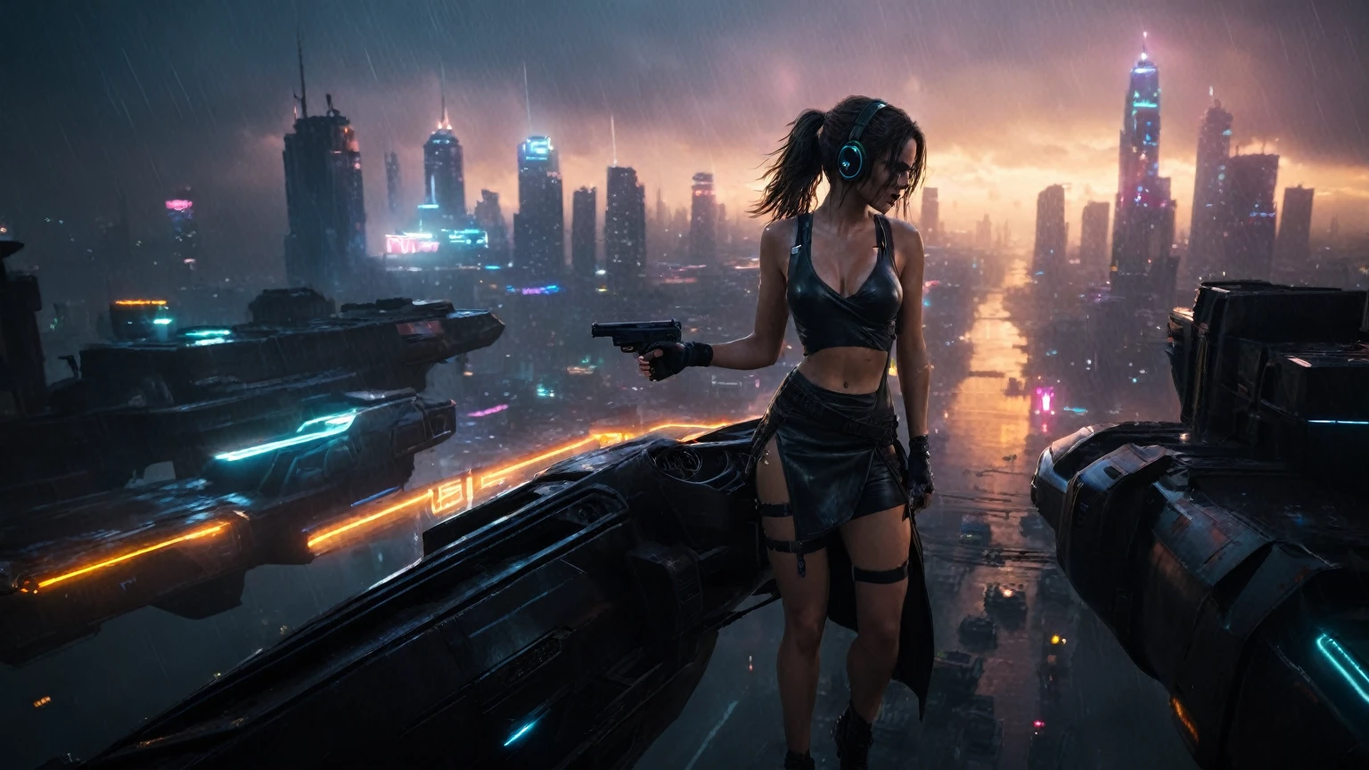 (aerial view, a flying cars docking platform, a very dark abandoned futuristic city, neon lights), rainy night. A girl as Lara Croft, solo, alone, large-breast:1.2 slim body, cleavage:1.1, sexy wind blowing wet dress:1.4, (headphone, black sunglasses), (((((she raised:1.8 a pistol:1.8 and took aim at viewer))))), dynamic pose, (((half-body thigh level medium shot))), cinematic lighting, lens flare, ray tracing.