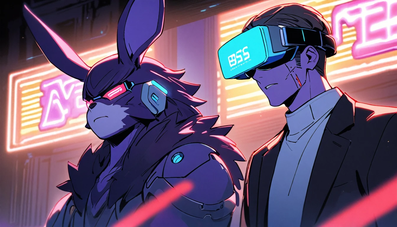 Young rabbit with dark purple fur,There is a wound on the cheek.,Wear VR glasses ,straight face looking ahead,สวมชุดเกราะ Sci-fi robot tone neon ,Boss ,portrait distance,Neon light on stage,speaking with determination,