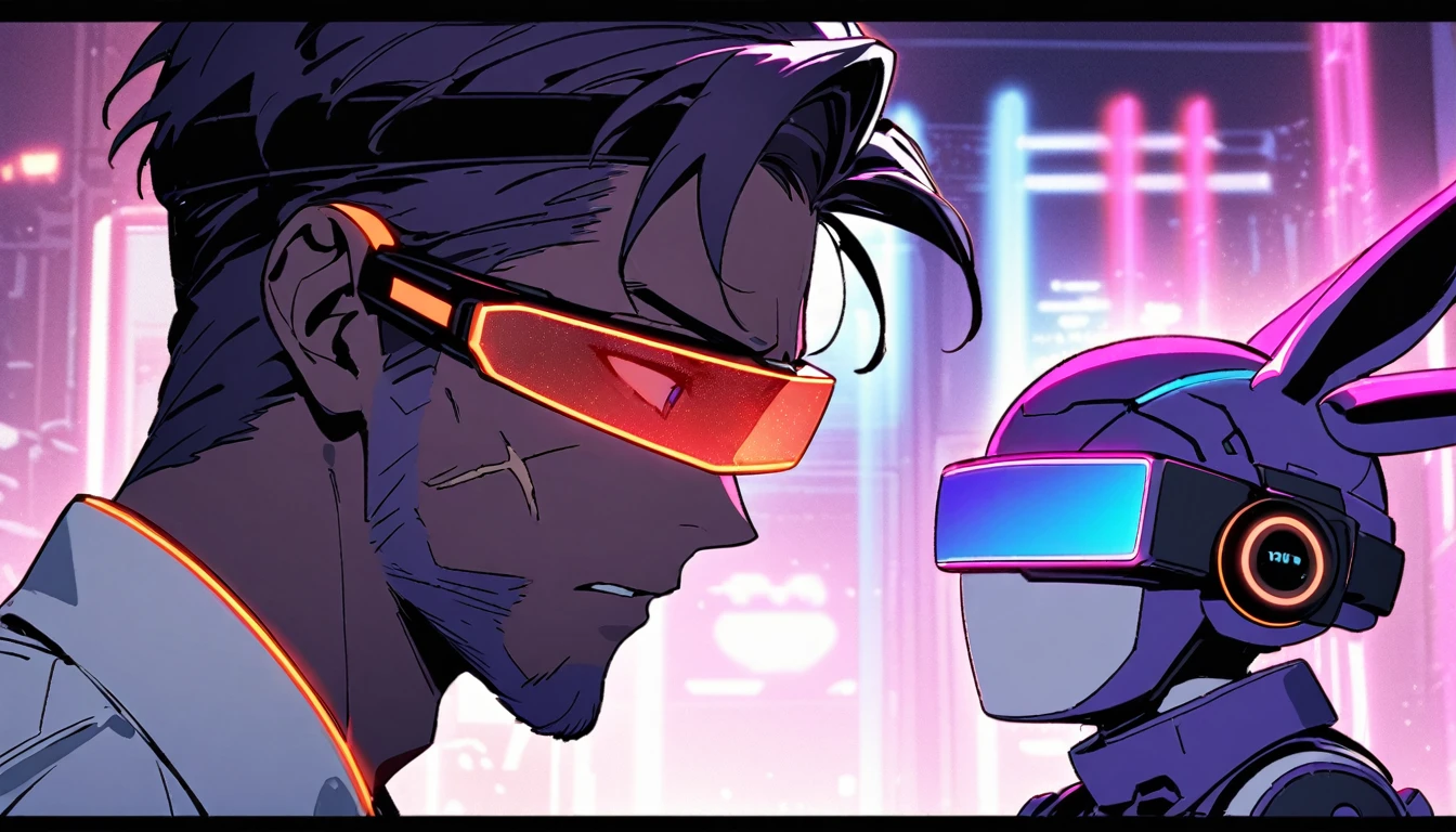 Young rabbit with dark purple fur,There is a wound on the cheek.,Wear VR glasses ,straight face looking ahead,สวมชุดเกราะ Sci-fi robot tone neon ,Boss ,portrait distance,Neon light on stage,speaking with determination,