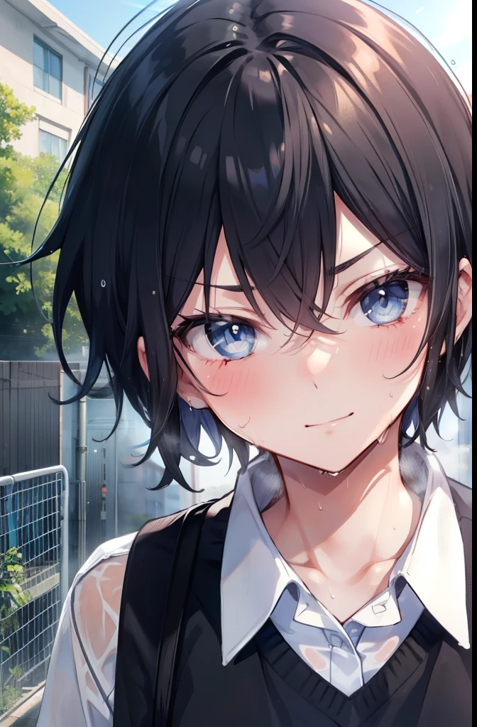 high school,Schoolyard,sunny,Girl 1,boyish,short hair,Black Hair,blue eyes,smile,Serious face,blush,Sweaty,Wet,Women&#39;s summer uniform,mini skirt,Cowboy Shot,Hands on hips,sun,cloud,White shirt,Big Breasts,