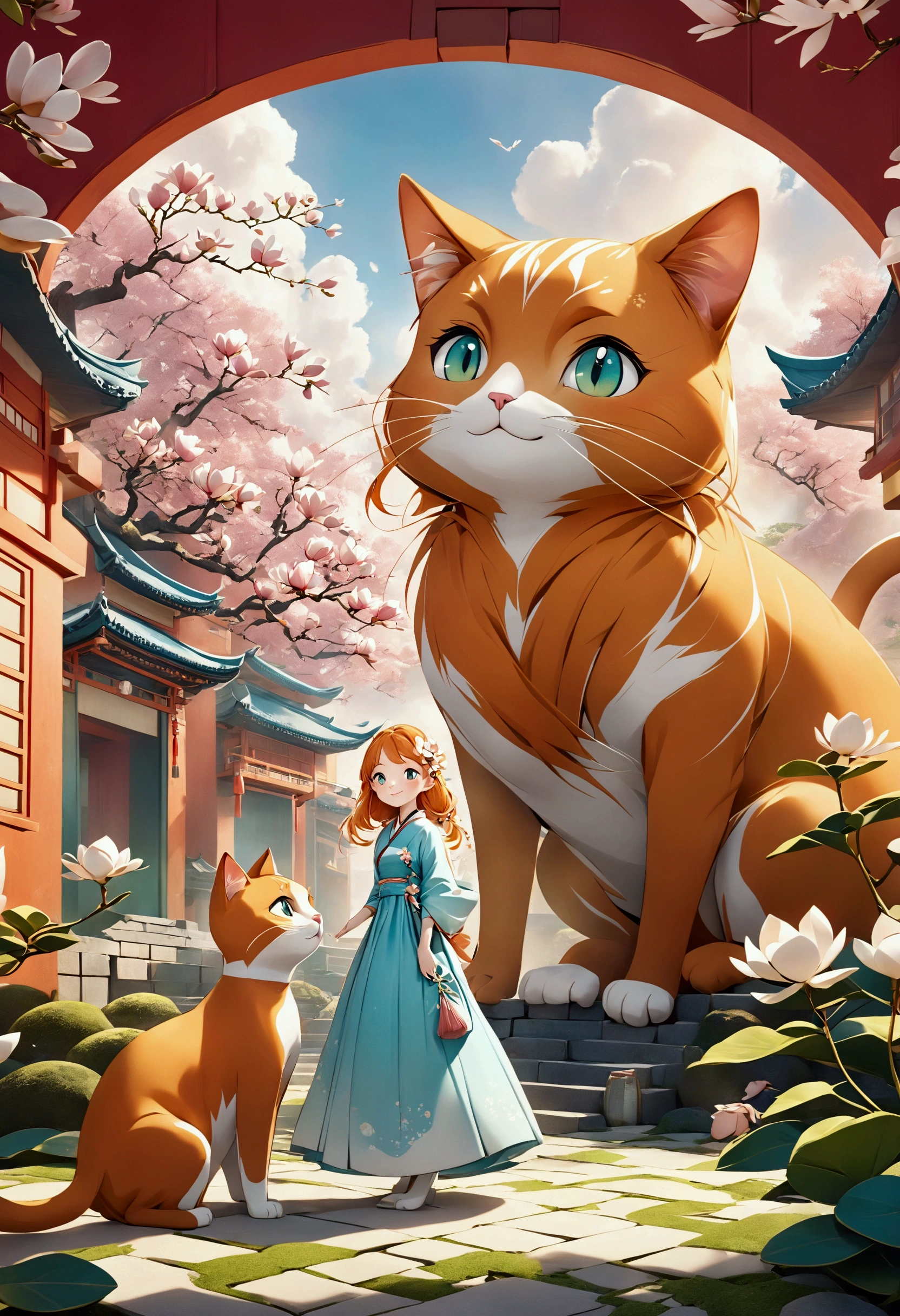 A giant orange cat，with long tail，Whimsical surreal 3D rendering, Thick hair, Located in an ancient, Well-designed buildings. The cat gazes lovingly at a young woman in an exquisite dress, Decorated with magnolia flower pattern. woman, With a bright smile, Gently grasp the cat&#39;s front paws, The red wall behind them is decorated with delicate magnolia flowers.. The whole scene exudes a dreamy, Magical atmosphere, reminiscent of an Japanese cartoons-inspired fantasy., 3D Rendering, Japanese cartoons